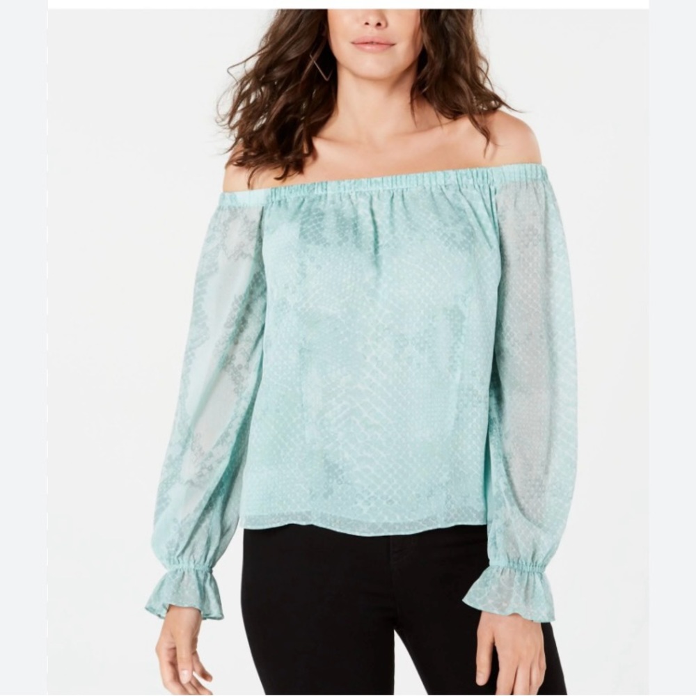 Guess Snake Print Off Shoulder Aqua Top
